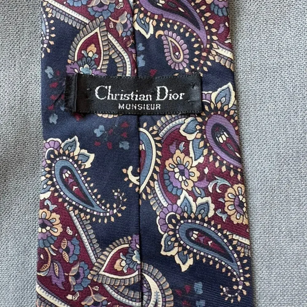 Christian Dior Monsieur Silk Tie Paisley Navy Burgundy Vintage USA OldMoney